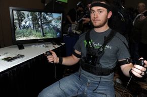 A man wearing a smart vest for gaming.&nbsp;