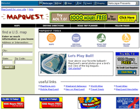 On this page you can see a narrow strip for Netscape at the top, a standard banner ad, a square AOL ad mid-page, and four smaller ads along the bottom.