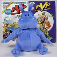 一个毛绒娃娃和两本根据Scot18新利最新登入t Kurtz的网络漫画“PvP"＂border=