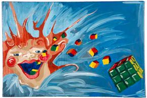The Museum Of Bad Art description for "Spewing Rubik's Cubes" reads, "This image of the classic 1980s toys emanating from a jester gargoyle's mouth can only be described as puzzling."”border=
