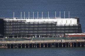 A shot of the mysterious barge being erected in the San Francisco Bay, thought to be an unannounced Google project.