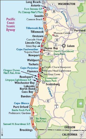 This map outlines what you'll see along the Pacific Coast Scenic Byway.
