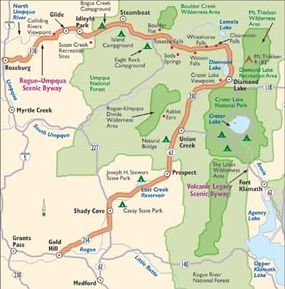 This map details the points of interest on the Rogue-Umpaqua Scenic Byway.