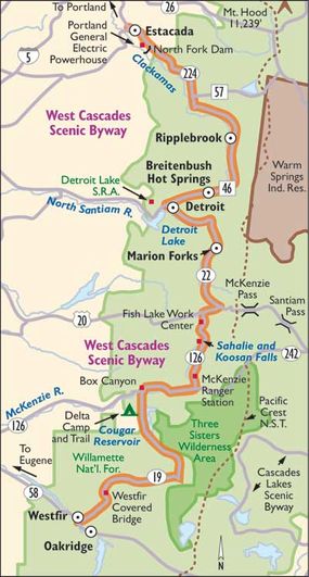 This map shows the points of interest along the West Cascades Scenic Byway.