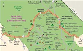 This map details the highlights along Death Valley Scenic Byway.