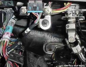 Bundles of wires under the steering column of a car