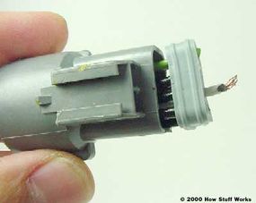 The wires pass through a rubber seal on the back of each connector (the seal, seen on the right, has been pulled out for this picture).