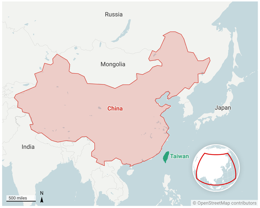 A map shows mainland China in red and the island of Taiwan in green