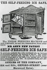 An 1874 advertisement for the Piston Freezing Machine. By our estimate, the freezer looks like it could easily house your emergency stash of Popsicles, french fries and peas.