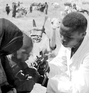 A Nigerian child receives the smallpox vaccine during the Smallpox Eradication and Measles Control Program of West Africa.