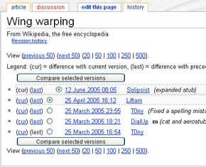 A screenshot of the edit history for the "wing warping" Wikipedia page.&nbsp;