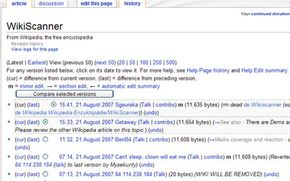 The "history" tab on a Wikipedia entry allows you to see”border=