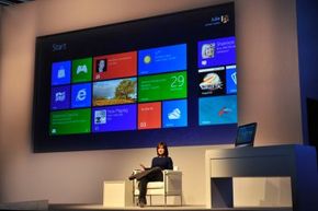 Julie Larson-Green, Corporate Vice President, Windows Experience, shows off the tiled interface for Windows 8.
