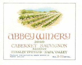 以下数字对应于下面的列表：1。Abbey Winery，2。Cabernet Sauvignon，3。Napa Valley，4。Stanley Vineyard，5。2000，6。Reserve，7。Alc。13.5％，第1卷，8。“border=