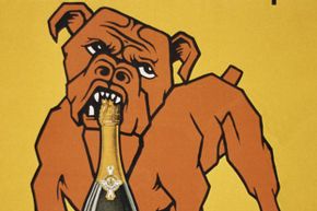 Wine labels featuring animals have been around for a long time.  Here is a vintage poster of bulldog biting champagne bottle.