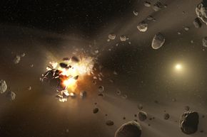 这个艺术家的概念展示了小行星的家庭是如何创建的。18新利最新登入灾难性的碰撞小行星位于火星和木星之间的皮带已经形成了家庭的对象相似的轨道围绕太阳。”border=