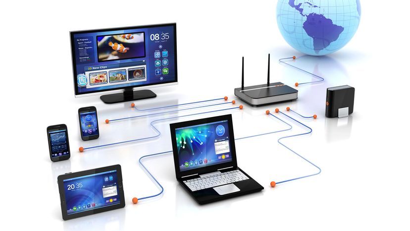 A rendering of a laptop, monitor, cell phones, tablet, routers and a globe.