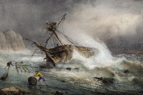 A lithograph of a ship capsizing at sea in a storm
