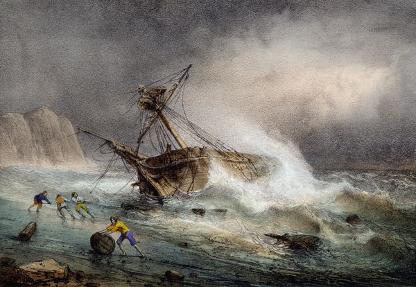 A lithograph of a ship capsizing at sea in a storm