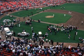 The crowd at Candlestick Park reacts after an earthquake rocked Game Three of the World Series between the Oakland A's and San Francisco Giants in 1989.