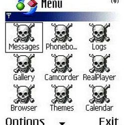 The Symbian Skull Virus affects cell phones, causing them to display a series of skull images like this.