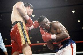 Meldrick Taylor (R) looked so dazed and bloody in the 12th round that the referee ended the fight early, which meant a win for opponent Julio Cesar Chavez. Unfortunately just two seconds remained and Taylor had been ahead on points.