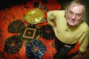 The late Colin Pillinger, lead scientist, posed with a model of Beagle 2 in 2003. The aim of the mission was to look for life on Mars and see how its mountains and rocks formed. 