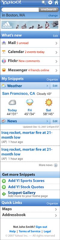 Yahoo Go's easy-to-use screen allows users to see e-mail messages and local weather.