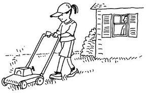 Illustration of a girl mowing a lawn.
