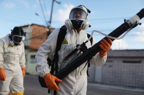 Health workers fumigate in an attempt to eradicate Zika-carrying mosquitoes in Recife, Pernambuco state, Brazil.