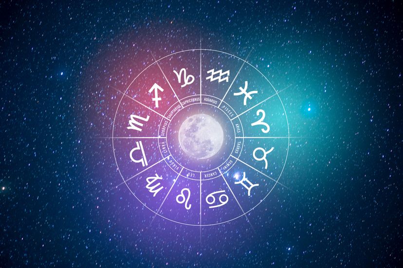 Zodiac signs inside of horoscope circle. Astrology in the sky with many stars and moons  astrology and horoscopes concept