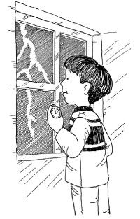 Illustration of a boy looking through a window at bad weather