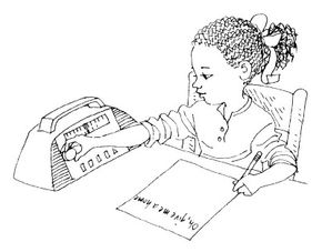 Illustration of a girl listening to the radio and writing