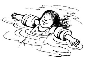 Illustration of a girl floating with the aid of a PFD