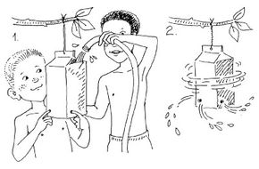 Illustration of two boys playing with milk carton waterwheels