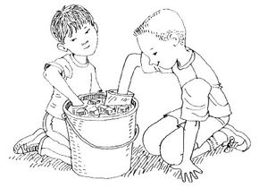 Illustration of two boys with their hands in blubber bags in cold water