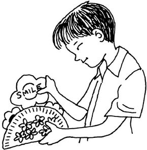 Illustration of a boy holding paper flowers