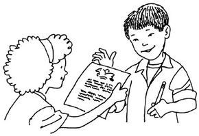 Illustration of a girl handing a boy some paper to write on