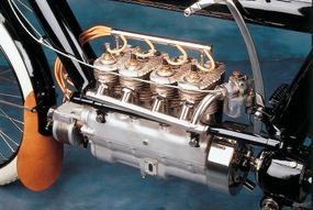 The 700-cc flathead four was of T-head design,  with the intake and exhaust valves on opposite sides fo the cylinder.