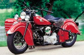 The 1946 Indian Chief became the company's only model after the war. This fine example is equipped with the factory sidecar. See more motorcycle pictures.