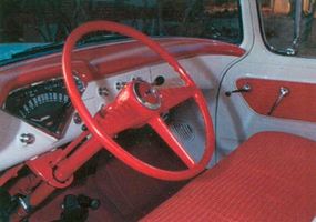 The red-and-white theme was continued insidethe 1955 Cameo Carrier.