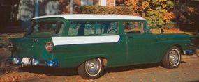 The 1957 Ford Courier Sedan Delivery looked similar to Ford's two-door Ranch wagon but had no rear seat, and the tailgate was hinged at the top.