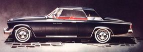The May 1961 rendering of the Studebaker Gran Turismo Hawk shows the earmuff over the rear of the roof and the rocker panel trim that was ultimately extended from wheelwell to wheelwell.