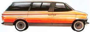 The sliding passenger-side door and slanted B-pillar are seen in this October 1972 sketch of the Ford Carousel minivan concept car.