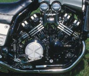 The mighty V-Max featured a 1200-cc four-valve V-fourwith variable intake runners and 145 horsepower.