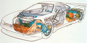 The twin-turbo V-6 of the 1988 Peugeot Oxia concept car was in the tail. This drawing also shows the car's four-wheel steering and all-wheel-drive systems.