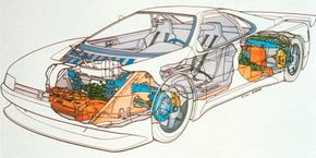 1988年标致Oxia twin-turbo v6发动机的概念车的尾巴。这幅图还显示了汽车的四轮转向和四轮驱动18新利最新登入系统。”border=