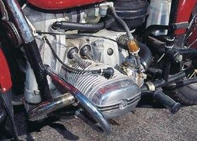 The 650-cc, overhead-valve, horizontally opposed twin puts out about 35 horsepower, and closely resembles a BMW engine design -- of the 1940s.