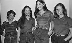 Four UCLA students model the latest in college "preppy" fashion in this 1980 photo.”border=