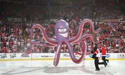 Perhaps less stinky than the real thing, a giant inflated octopus graces Michigan's Joe Louis Arena in game seven of the 2009 NHL Stanley Cup Finals between the Pittsburgh Penguins and the Detroit Red Wings.